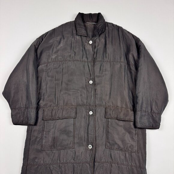 Vtg 100% Silk Quilted Long Coat Womens XL(?) Japanese Avant Garde Shimmer Black - Picture 3 of 11